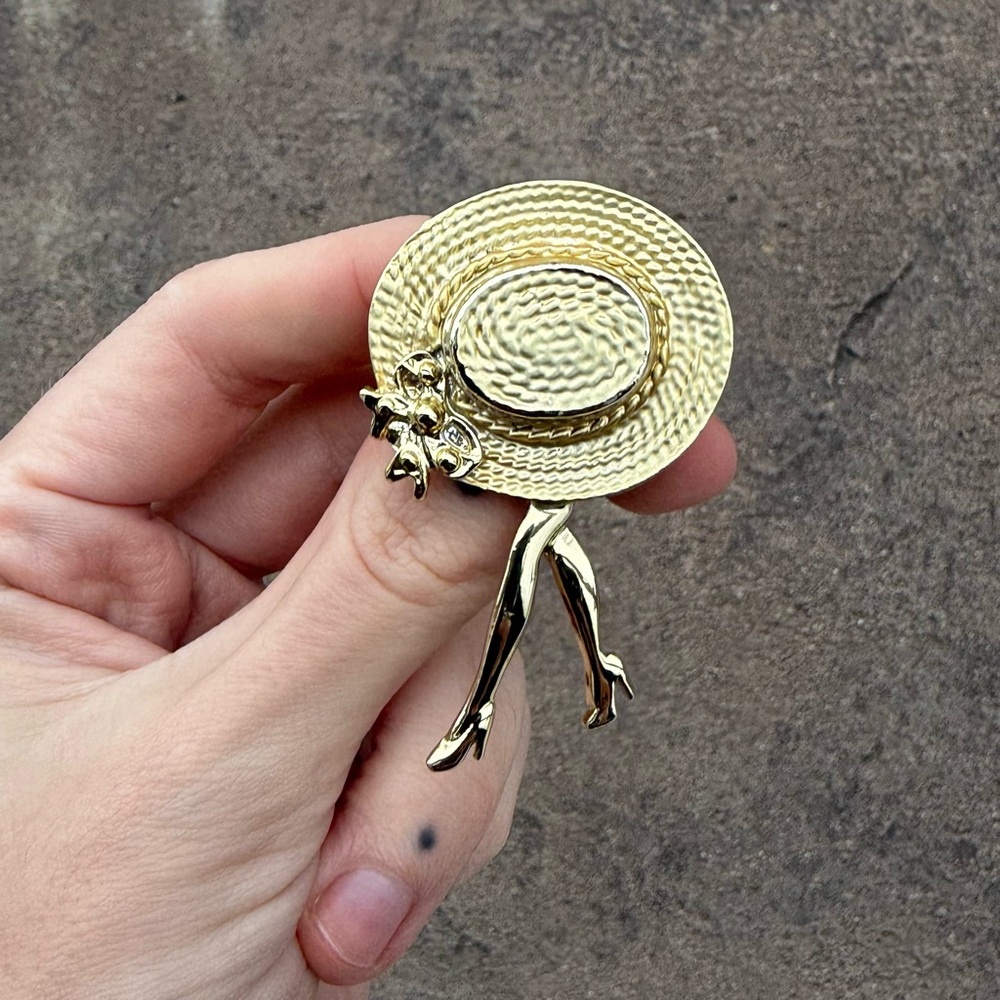 A.J.C. Vintage Hat & Legs Brooch Pin, 1980's 1990's Designer Signed Jewelry